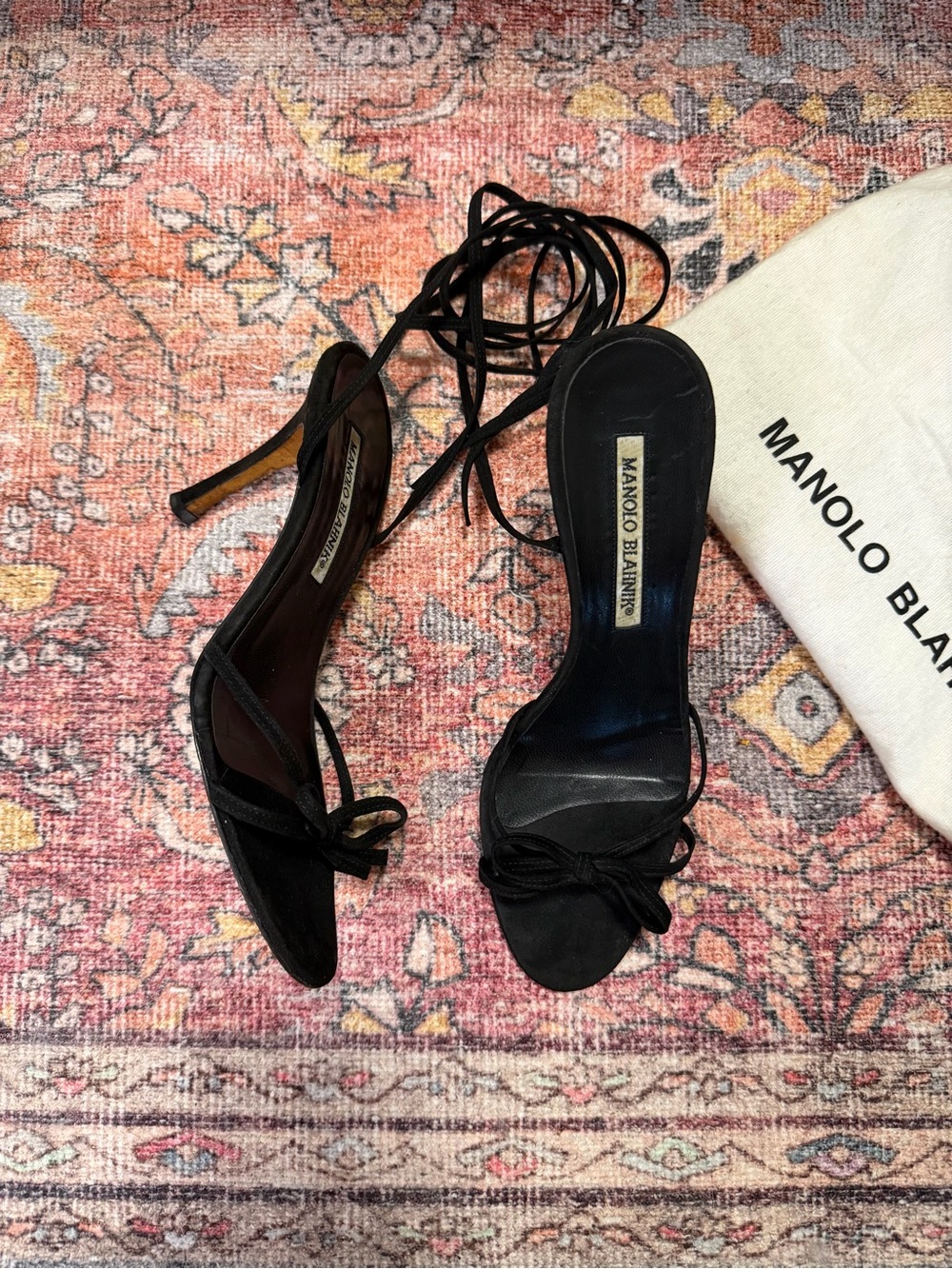 Manolo Blahnik Black Lace-Up Suede Heels